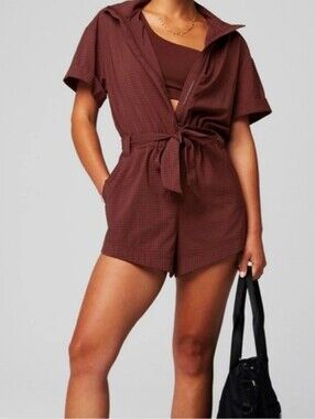 Fabletics Burgundy Short-Sleeve Tie-Waist Romper